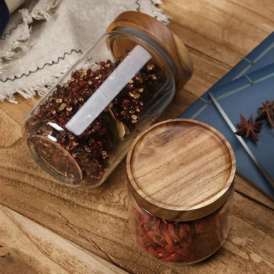 Glass Airtight Canister Wood Lid Kitchen Storage Jar Food Container