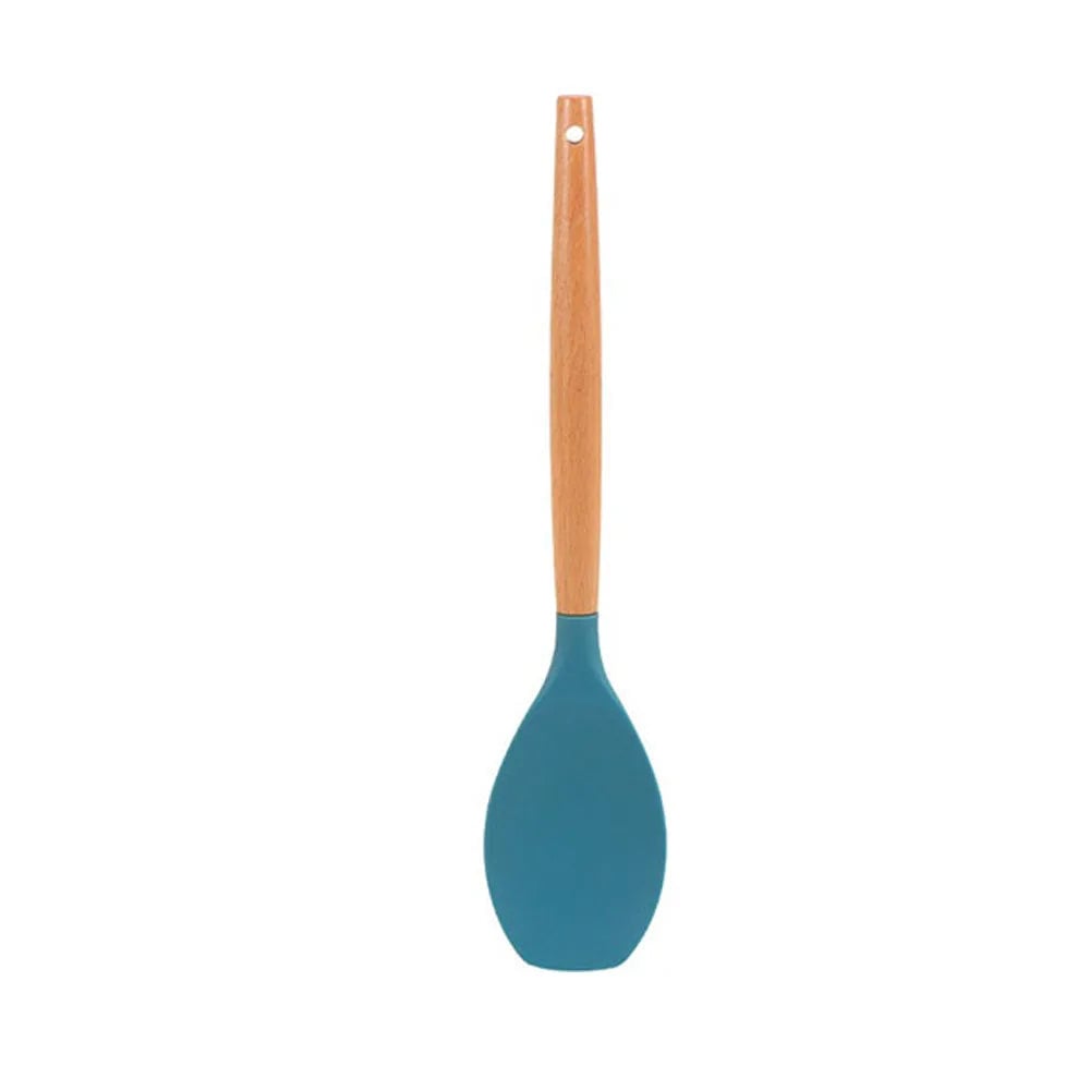 Blue Heat-Resistant Silicone Spatula Spoon with Wooden Handle