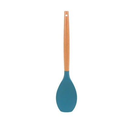 Blue Heat-Resistant Silicone Spatula Spoon with Wooden Handle