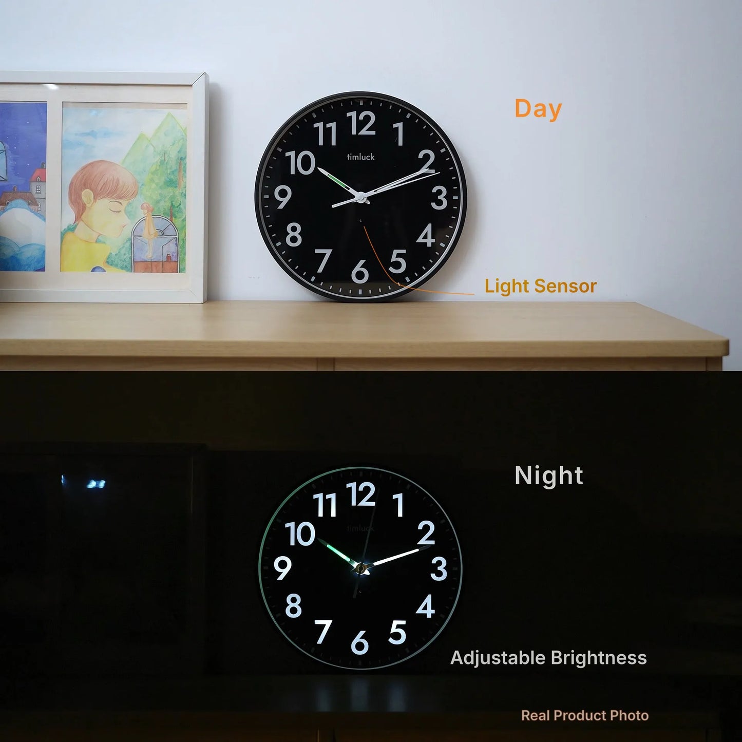 Silent LED Wall Clock Light Sensor Auto-Illuminated Non-Ticking
