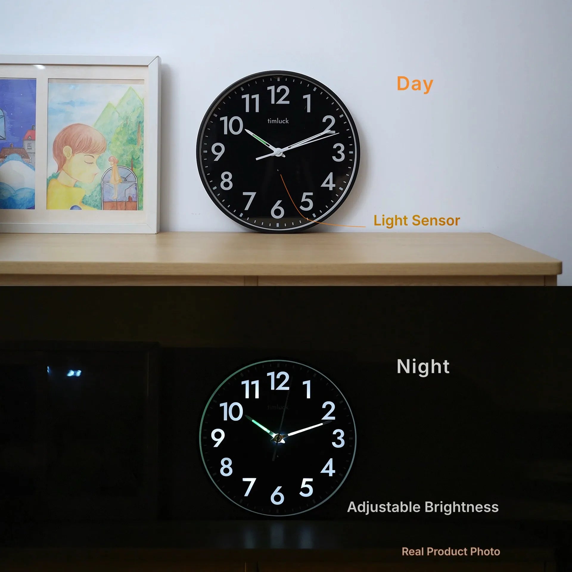 Silent LED Wall Clock Light Sensor Auto-Illuminated Non-Ticking