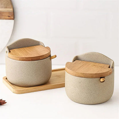 Japanese Ceramic Spice Jar with Bamboo Lid & Spoon - Kitchen Storage