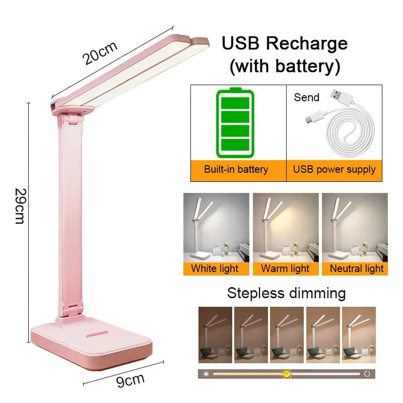 LED Desk Lamp 3-Level Dimmable Touch Control USB Rechargeable Foldable