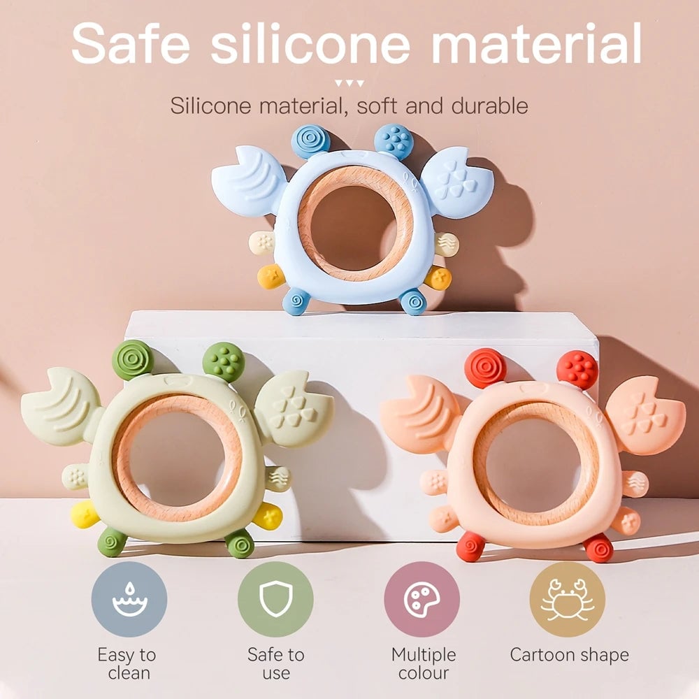 BPA Free Silicone Baby Teether 0-6 Months Wooden Ring Crab Toy