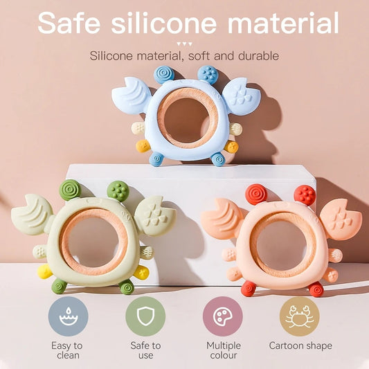BPA Free Silicone Baby Teether 0-6 Months Wooden Ring Crab Toy