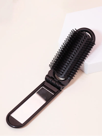 Folding Travel Mirror Hair Brush - Portable Mini Massage Wig Brush