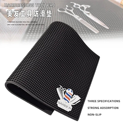 Non-Slip Black Barber Station Mat with Clippers Scissors Storage