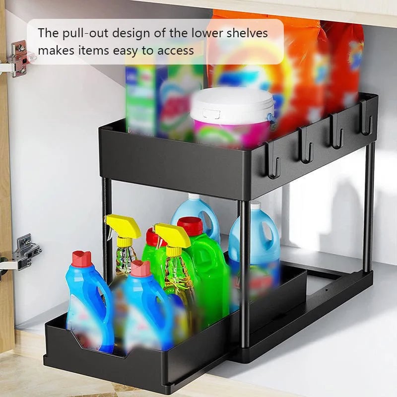 2-Tier Pull Out Cabinet Organizer with Hooks - Kitchen Bathroom
