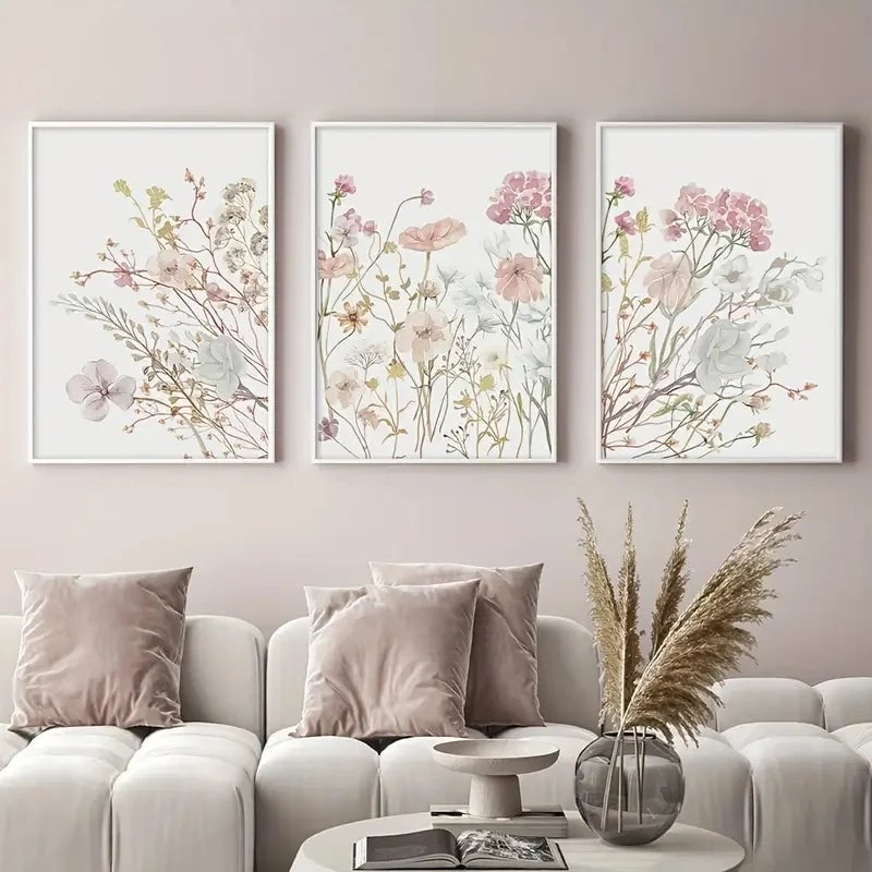 3pc Pink Watercolor Floral Canvas Wall Art Set - Bedroom Decor