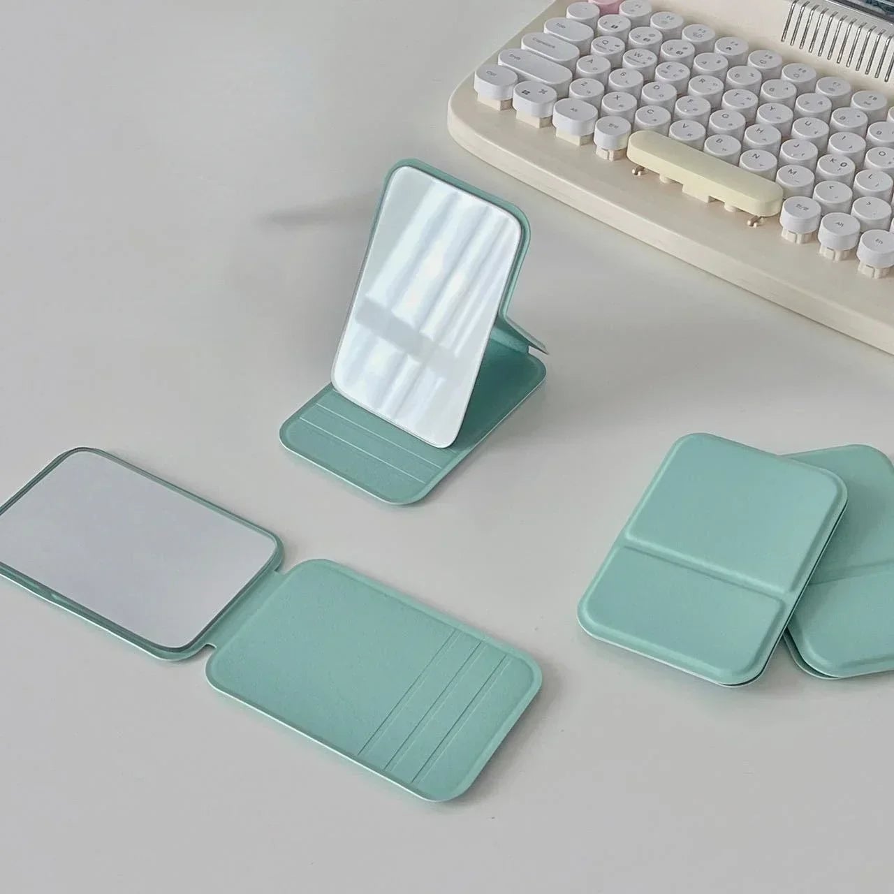 Foldable PU Leather Desktop Makeup Mirror - Portable Compact Design