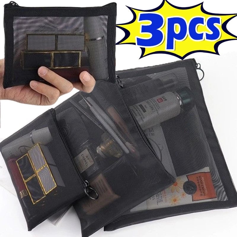 Mesh Clear Cosmetic Bags Set - Black Makeup Travel Organizer Pouch