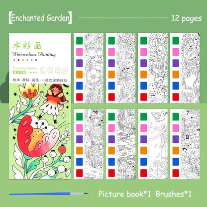 12-Sheet Portable Watercolor Book with Brush - Kids Art Set