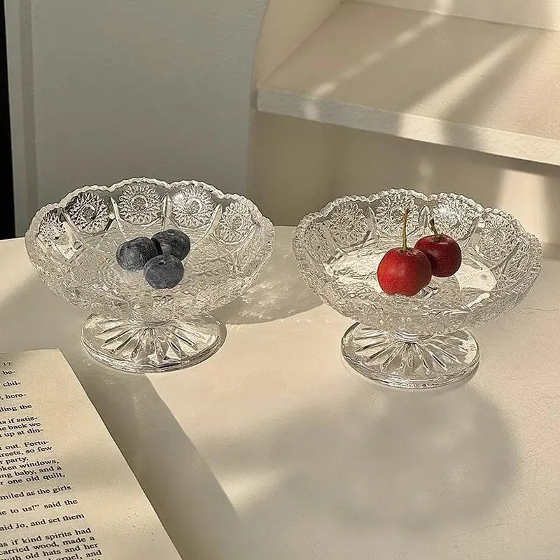 Relief Glass Fruit Tray - Transparent High Leg Dessert Bowl