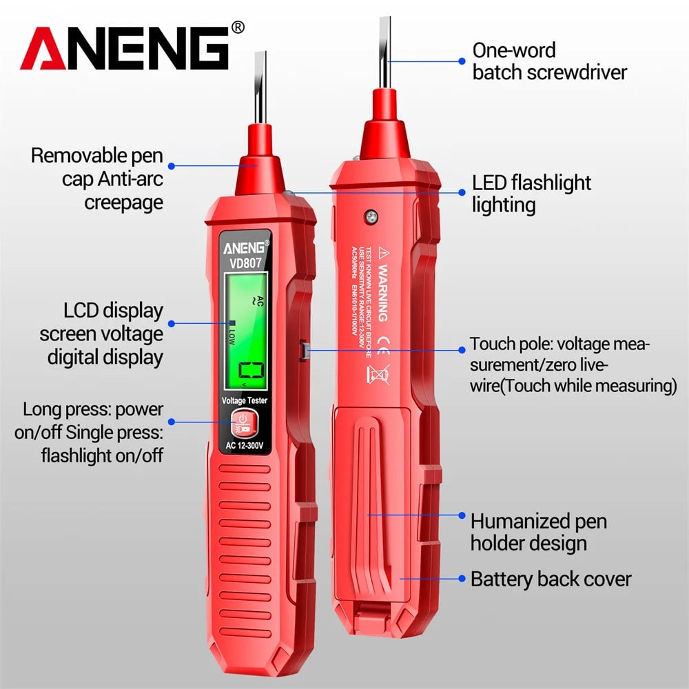 ANENG VD807 Non-Contact Voltage Tester 12-300V AC NCV Sensor Pen