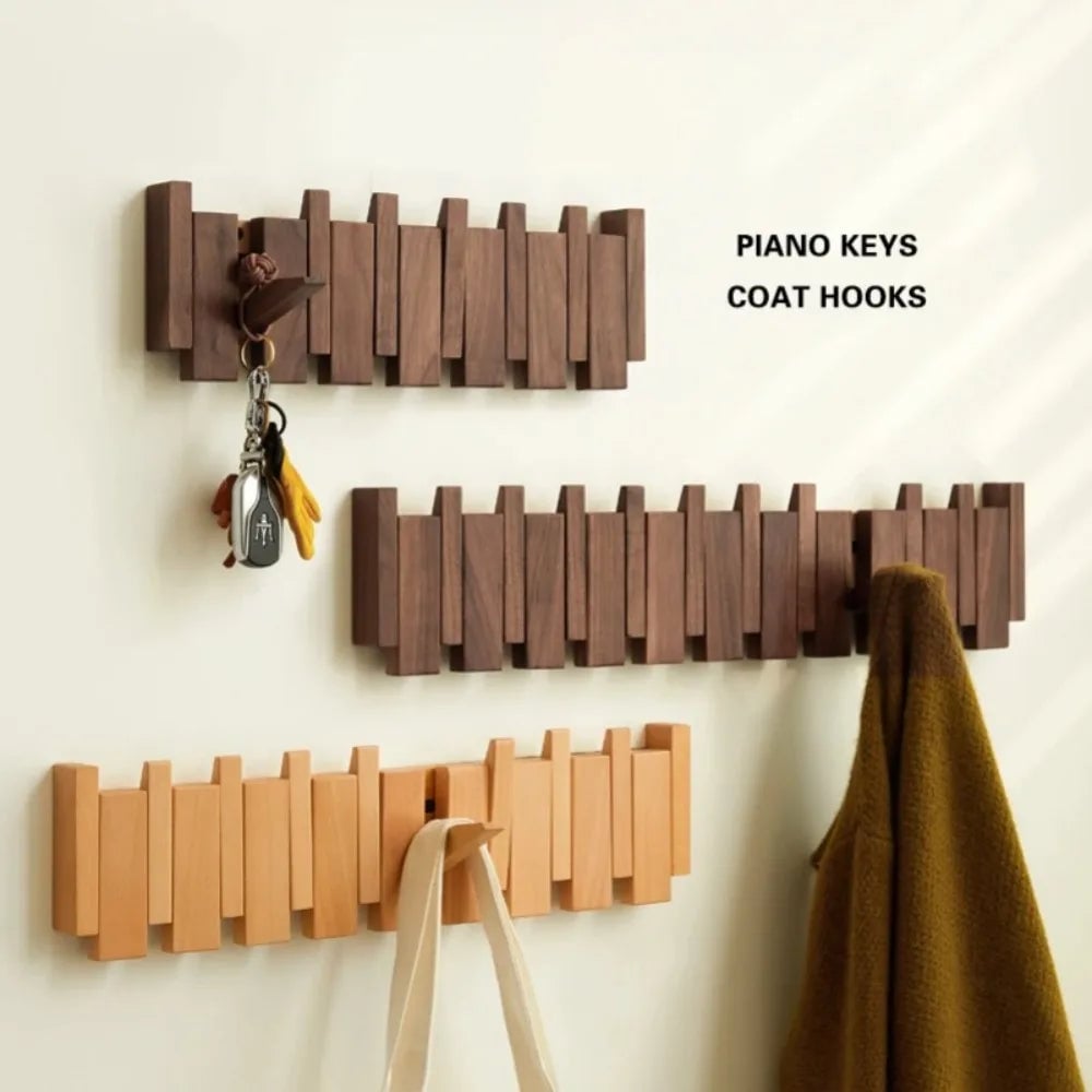 Wall Mounted Wood Coat Rack 8 Hooks Piano Key Shaped Entry Porch