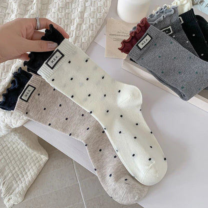 Cotton Frilly Dot Pattern Long Socks - Breathable Preppy Style
