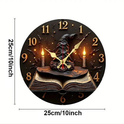 Wizard Hat Books Wooden Wall Clock Silent Round Home Decor