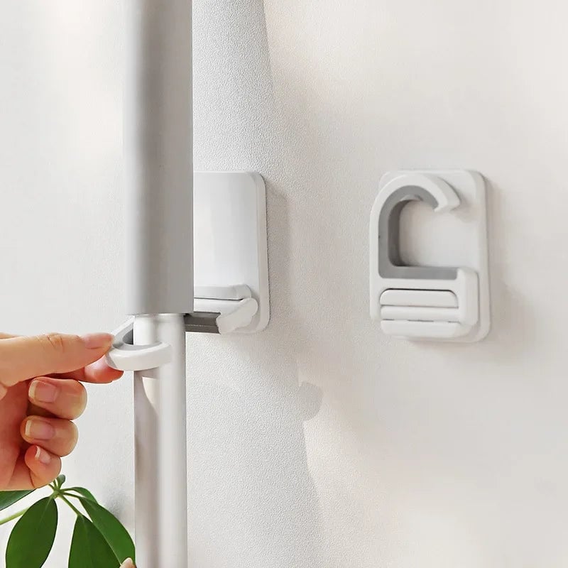 Self-Adhesive Wall Mount Broom Mop Holder Multi-Purpose Hook Rack
