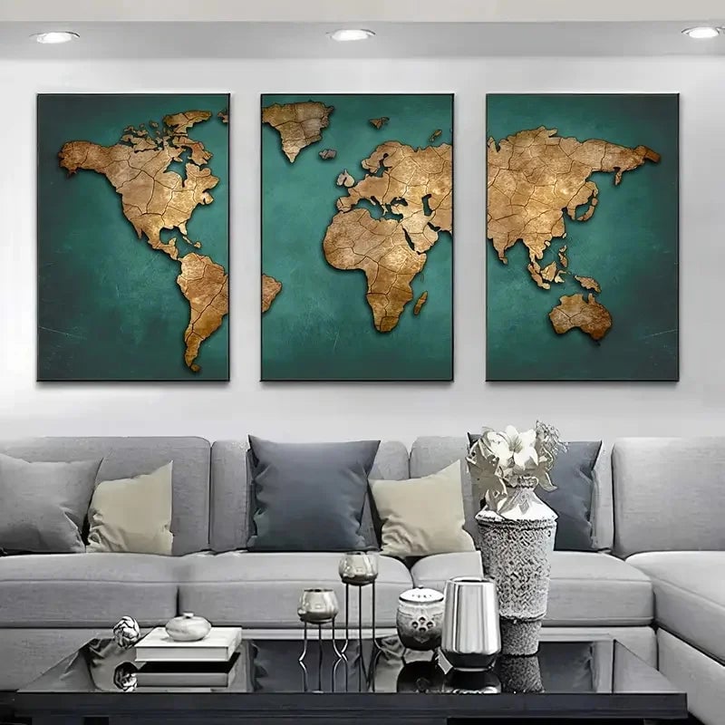 Retro World Map 3-Piece Canvas Wall Art Set Nordic Home Decor Posters