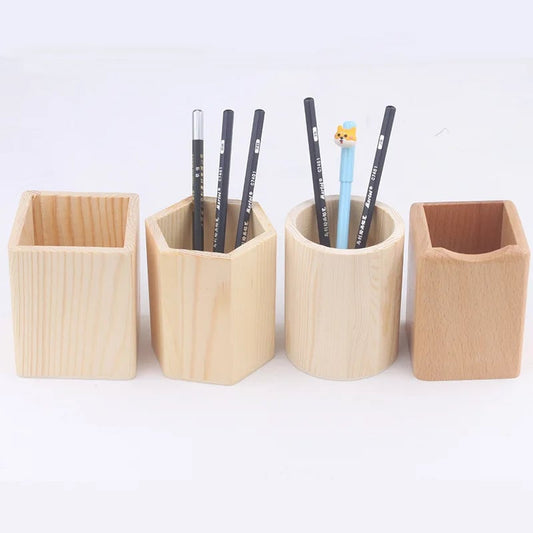 Wood Pencil Holder Desk Organiser Square Round Hexagon Pen Pot Cup