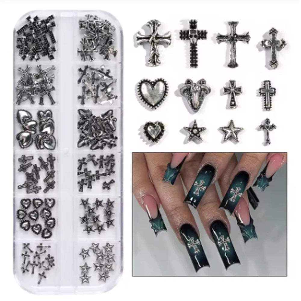 120pc Dark Vintage Cross Heart Metal Nail Art Patches Y2K Gothic Style