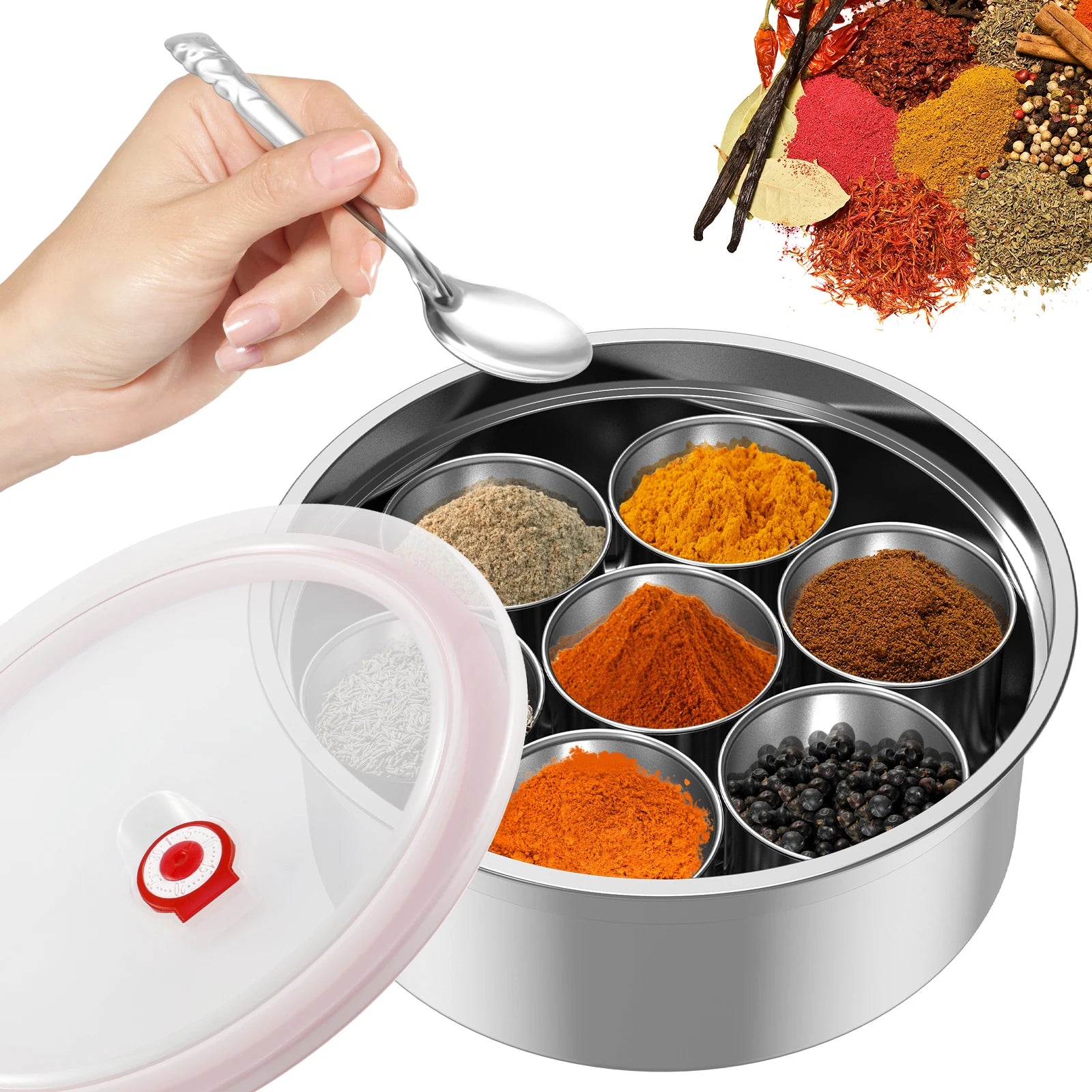 Stainless Steel Masala Dabba - 7 Compartment Spice Box Container