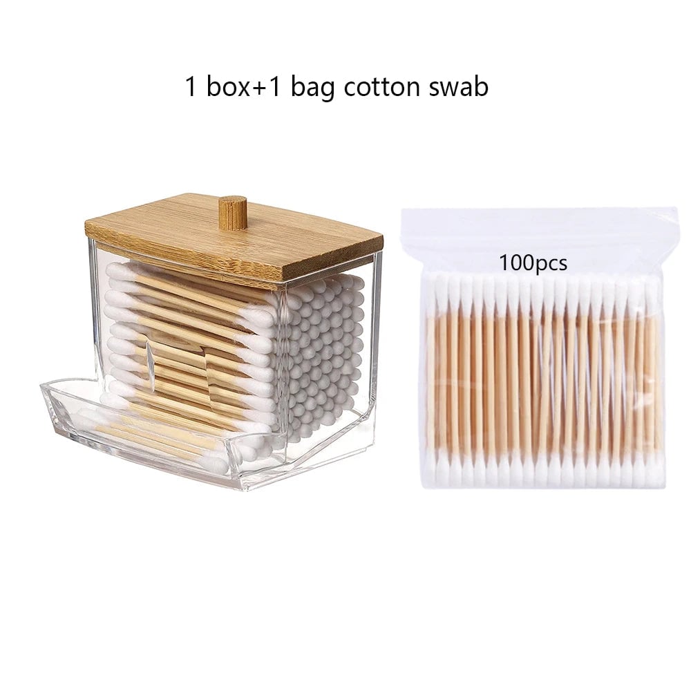 Transparent Cotton Swab Storage Box with Bamboo Lid Double Organizer
