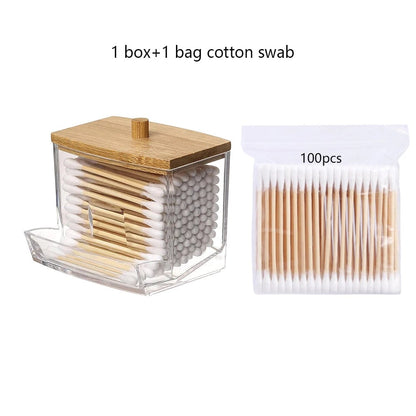 Transparent Cotton Swab Storage Box with Bamboo Lid Double Organizer