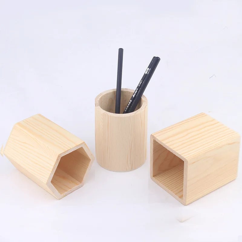 Wood Pencil Holder Desk Organiser Square Round Hexagon Pen Pot Cup