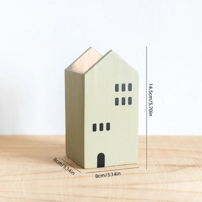 Cartoon House Wooden Pen Holder Desktop Storage Organiser Container