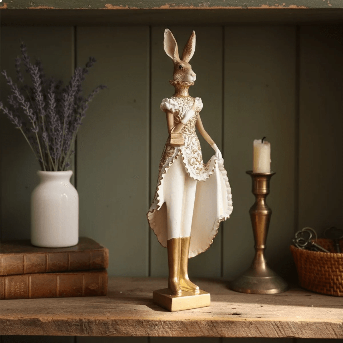 32.5cm Gold White Resin Rabbit Sculpture Fantasy Home Decor