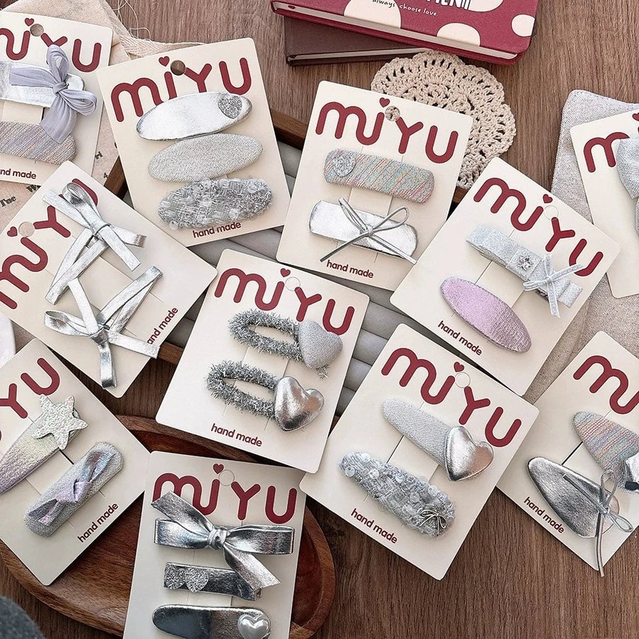 Silver PU Leather Hair Clips - Korean Style Snap Clips for Girls