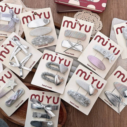 Silver PU Leather Hair Clips - Korean Style Snap Clips for Girls
