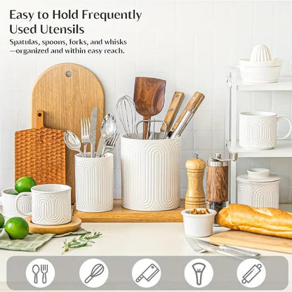 White Ceramic Utensil Holder Countertop Organizer 1/2 Piece Set