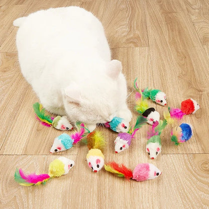 Rabbit Fur Feather Cat Toy - Rainbow False Mouse Interactive Kitten