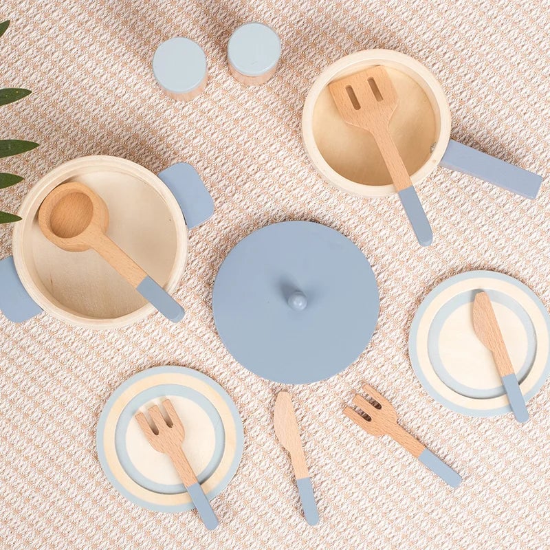 Wooden Play Kitchen Set with Pots,Pans & Food - Educational Role Play