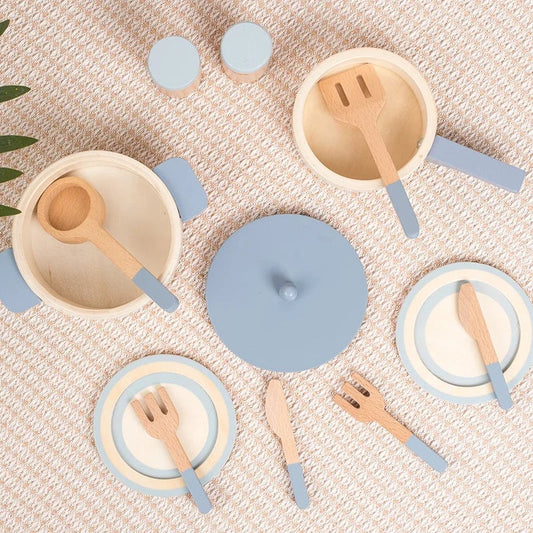 Wooden Play Kitchen Set with Pots,Pans & Food - Educational Role Play