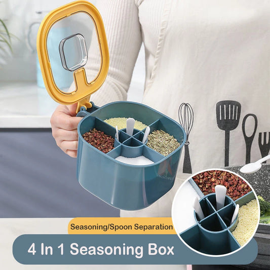 4-in-1 Multi Compartment Spice Jar with Spoon Salt Pepper Container