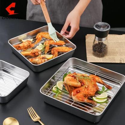 Square Stainless Steel Nonstick Baking Tray with Draining Grid