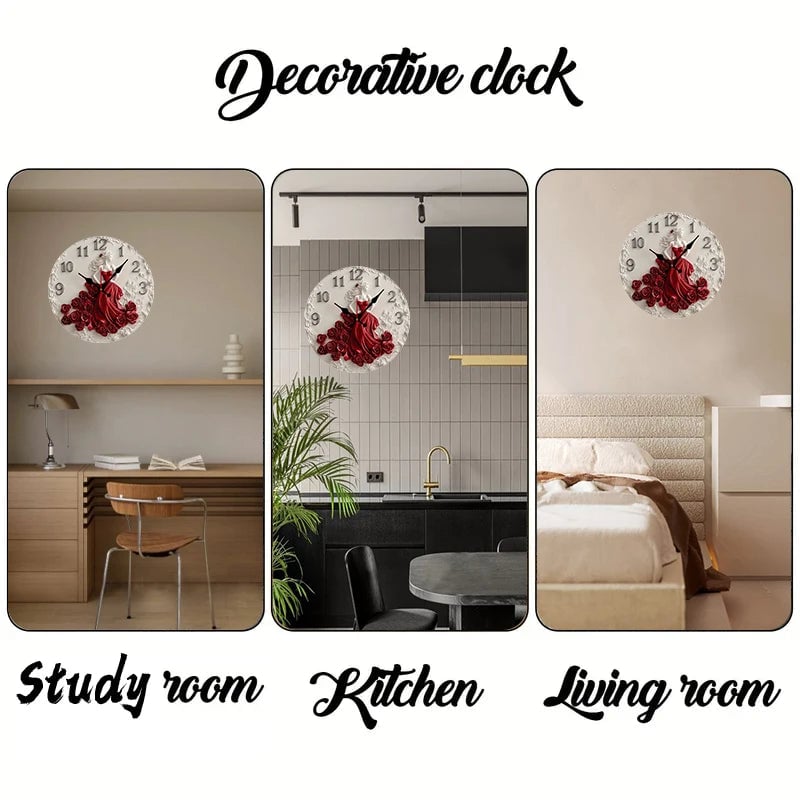 Woman Red Roses Wooden Round Silent Wall Clock - Home Decoration