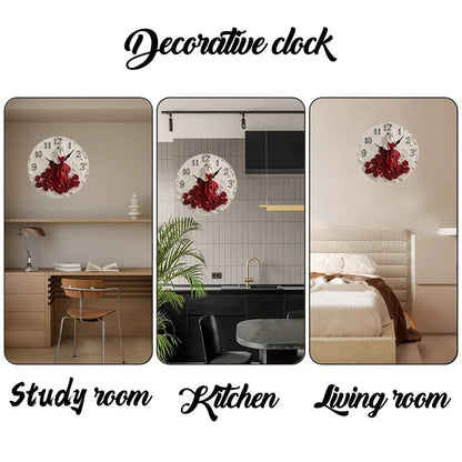 Woman Red Roses Wooden Round Silent Wall Clock - Home Decoration