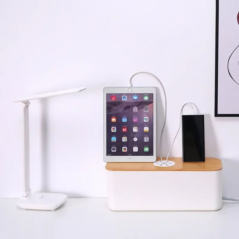 Wooden Cable Storage Box Power Strip Organizer Wire Management Case