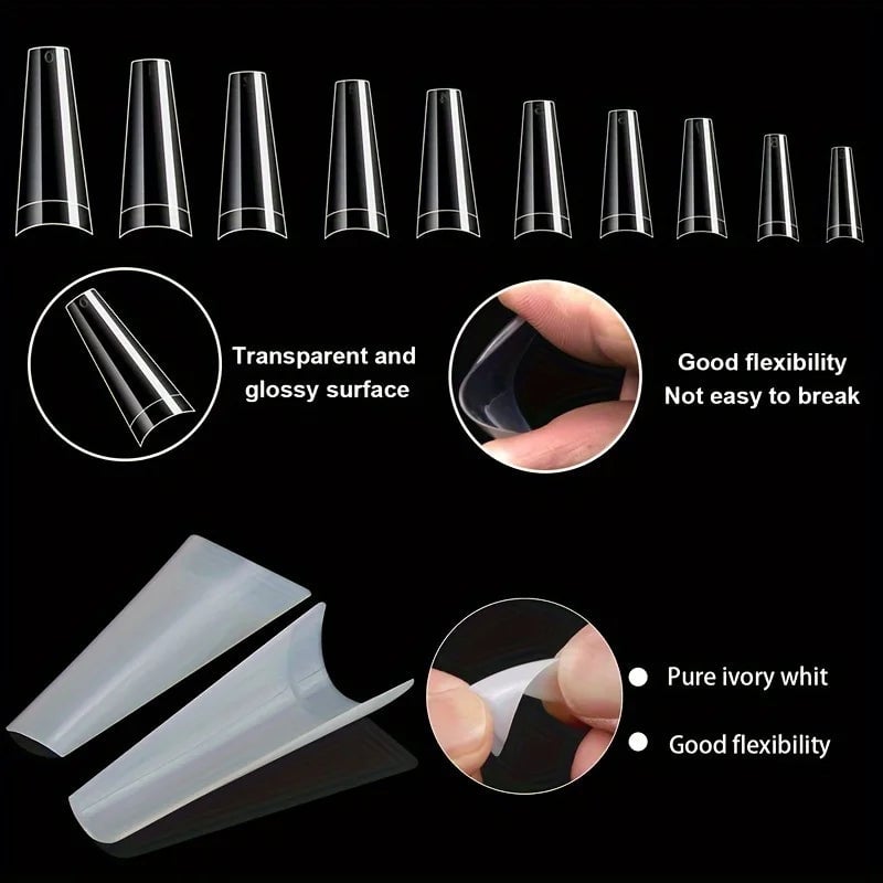 500Pcs French Coffin Nail Tips Acrylic Clear 10 Sizes Storage Box