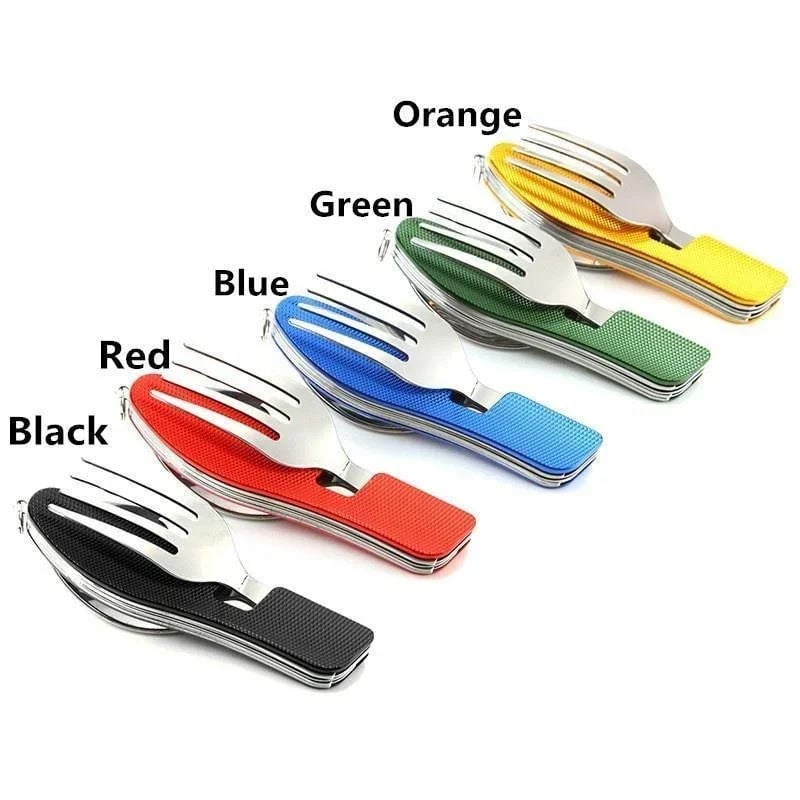 4-in-1 Stainless Steel Folding Camping Cutlery Set - Portable Kit