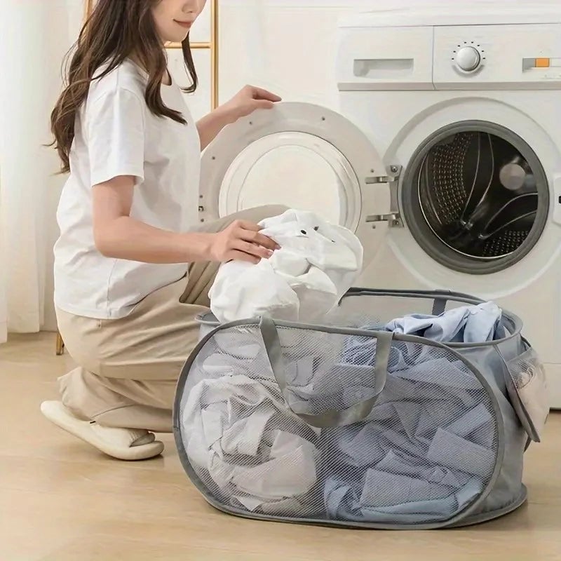 Breathable Mesh Folding Laundry Basket with Handles - Portable