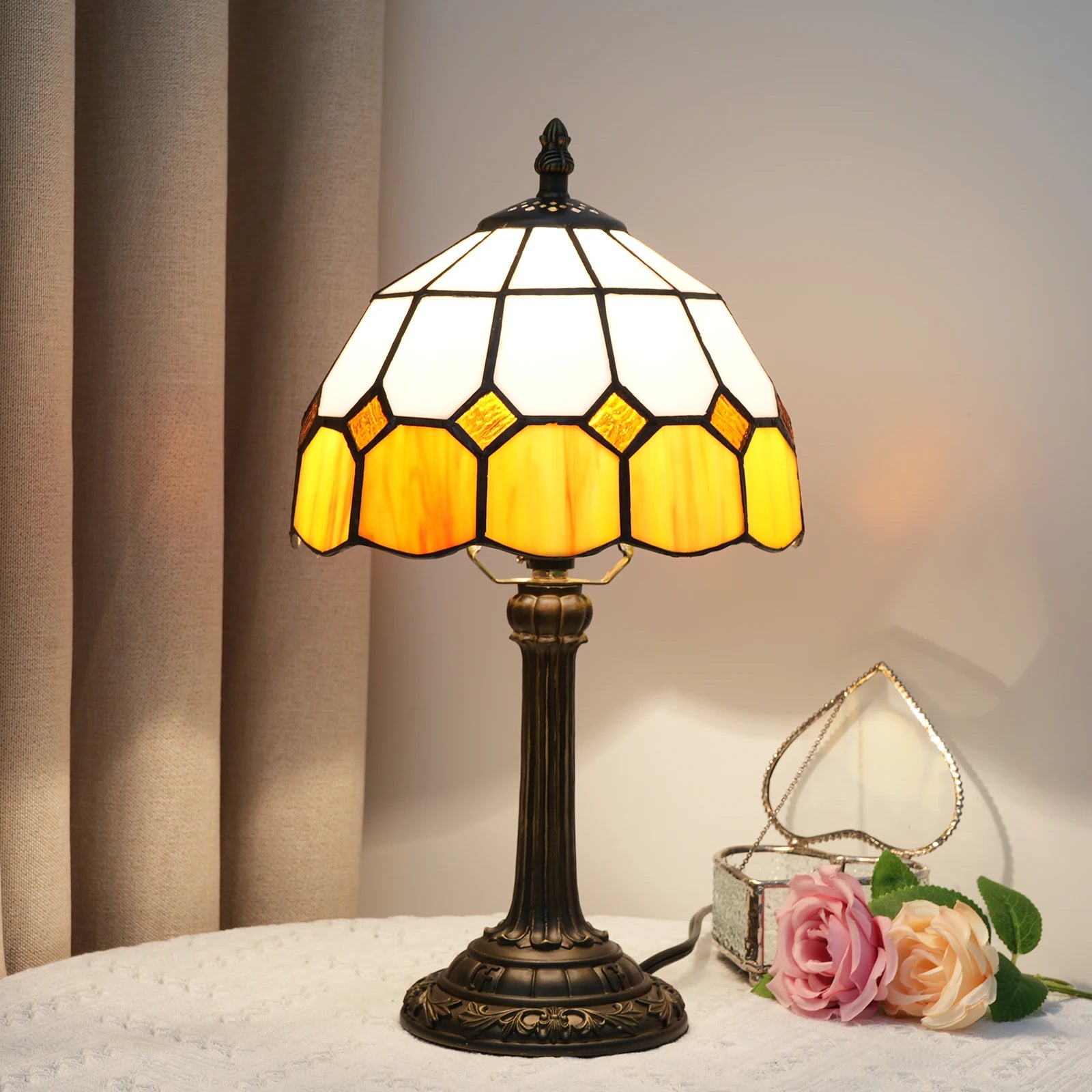 8" Mediterranean Stained Glass Table Lamp - Minimalist Bedside Reading