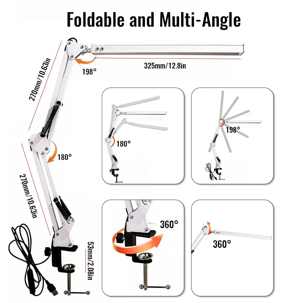 10W LED Clamp Desk Lamp - Adjustable Swing Arm, 3 Modes, 10 Levels
