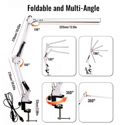10W LED Clamp Desk Lamp - Adjustable Swing Arm, 3 Modes, 10 Levels