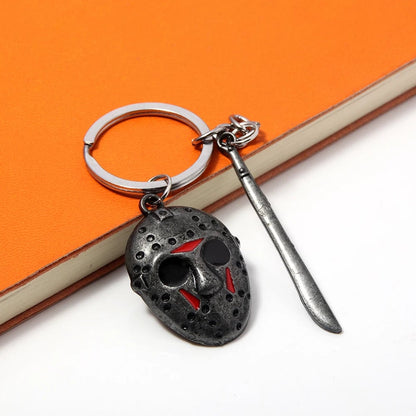 Horror Movie Hockey Mask Machete Metal Keychain - Halloween Cosplay