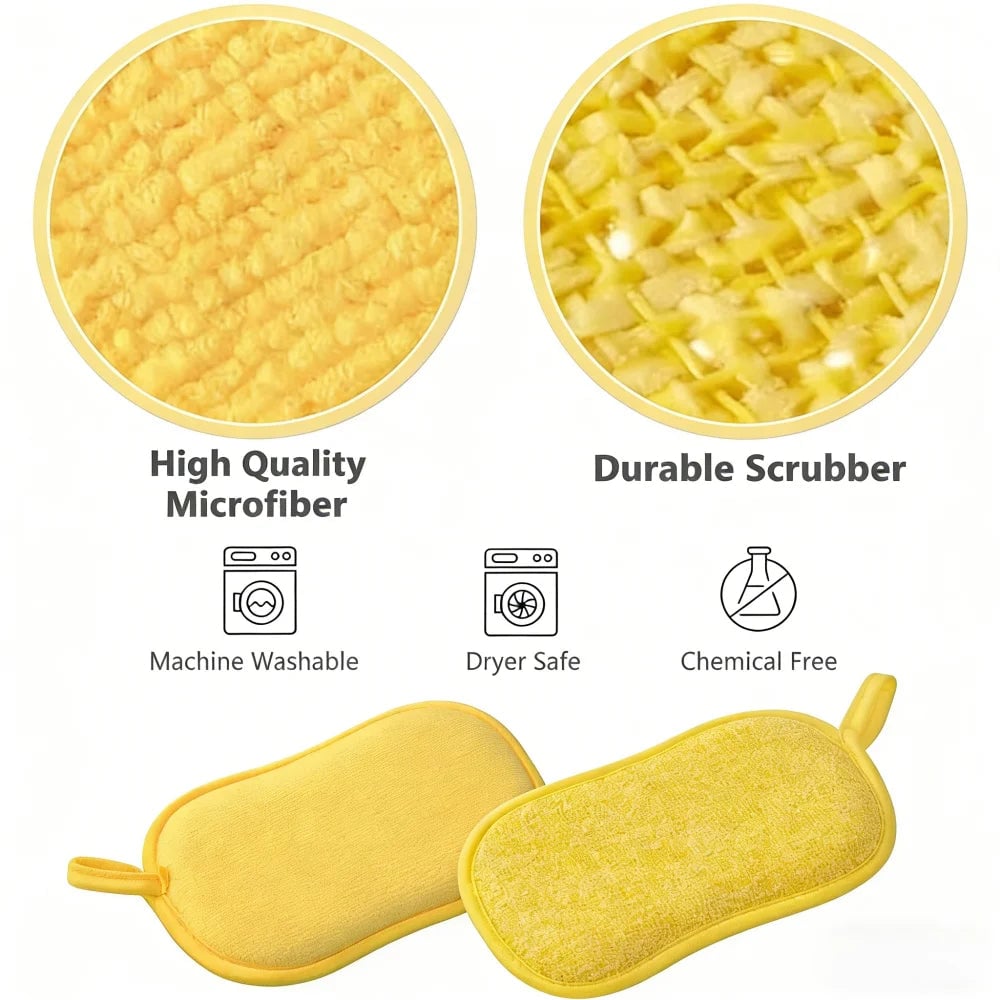 Dual-Sided Microfiber Cleaning Sponges - Reusable Odorless Scrub Pads
